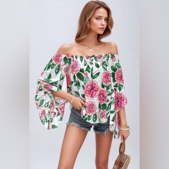 Floral Print Shirred Off Shoulder Flounce Sleeve Blouse - Picture 5 of 11